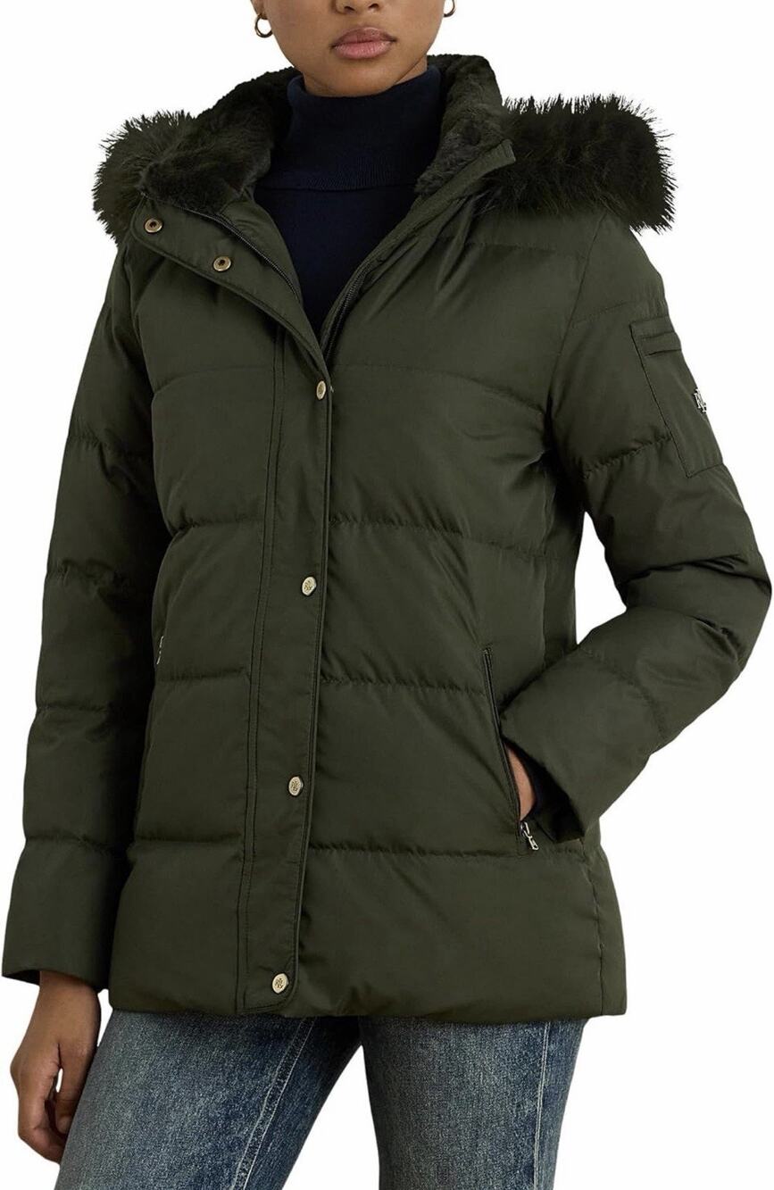 Lauren Ralph Icon Women’s XXS Short Puffer Jacket Faux Fur Lined Hood Green $315